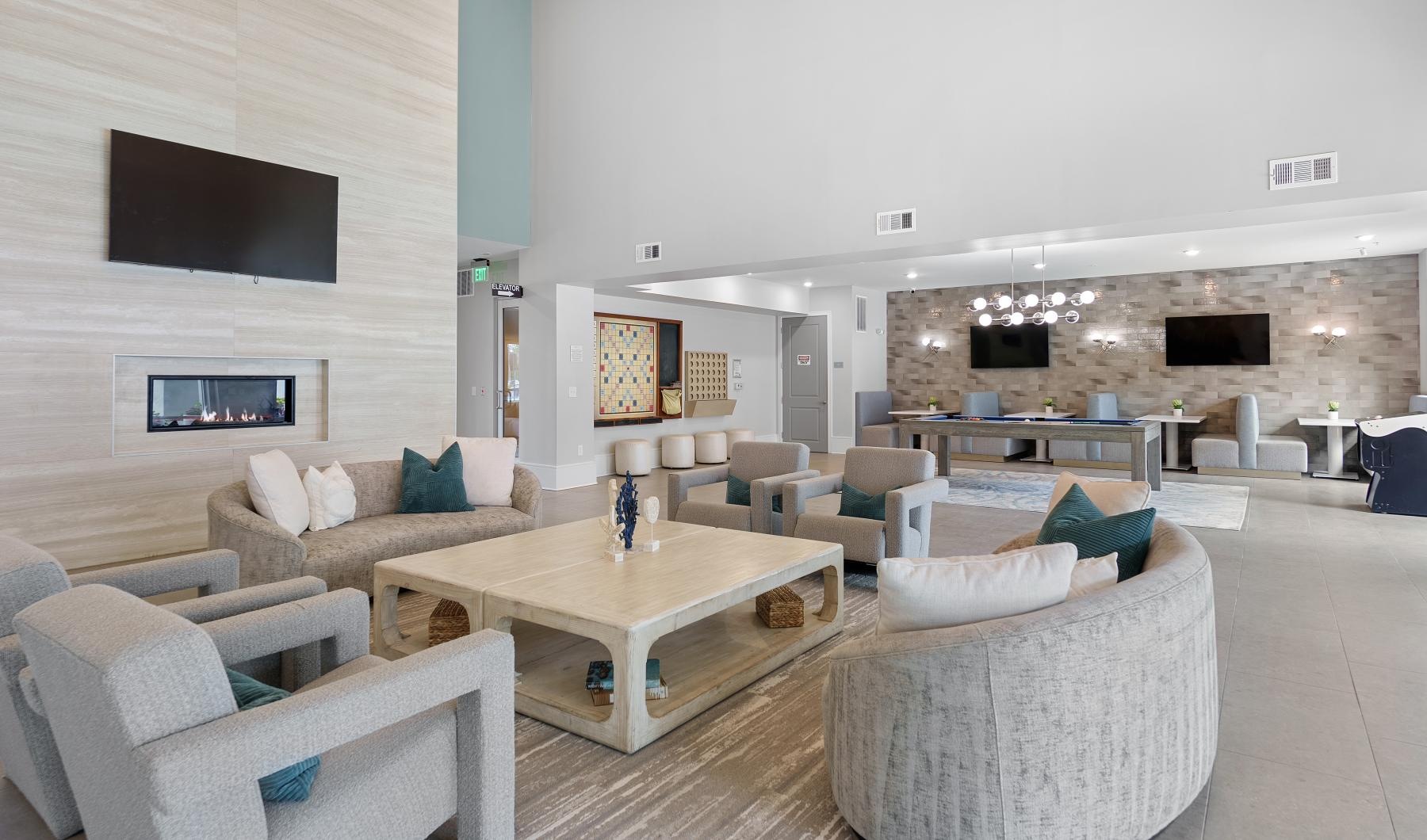 a living room with a large television