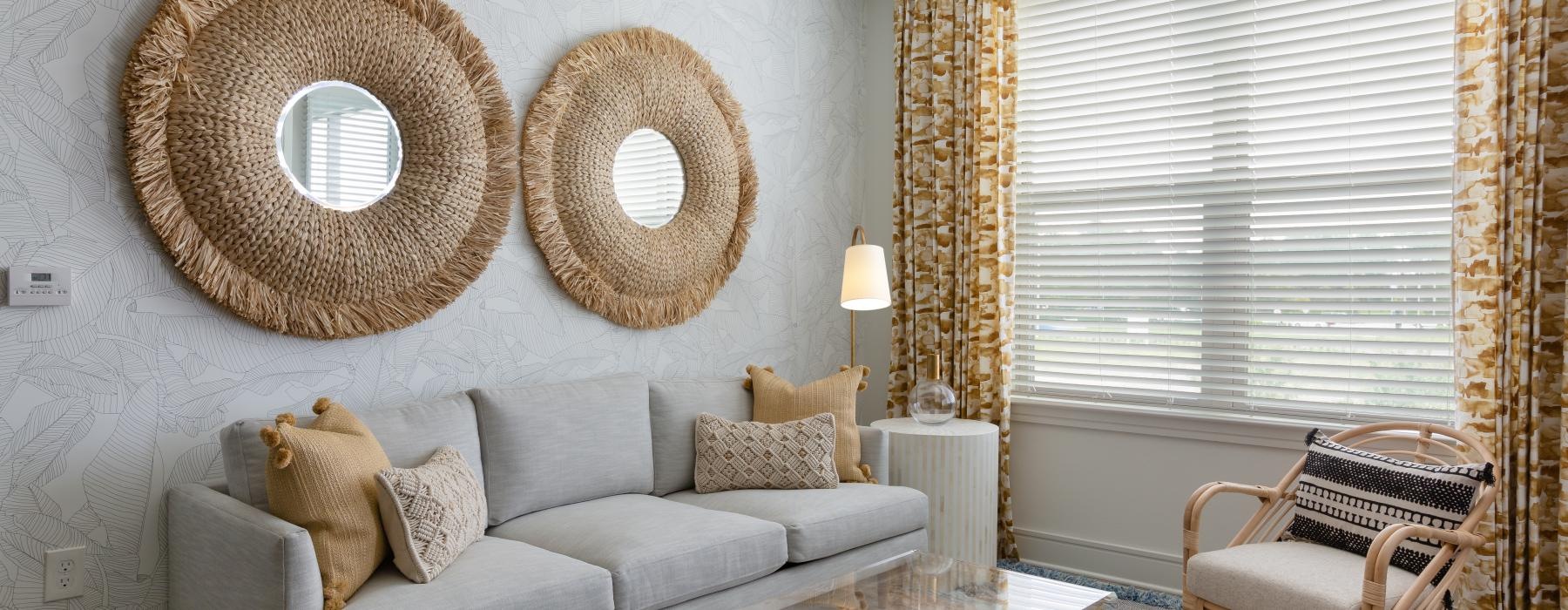 a living room with a couch and a table