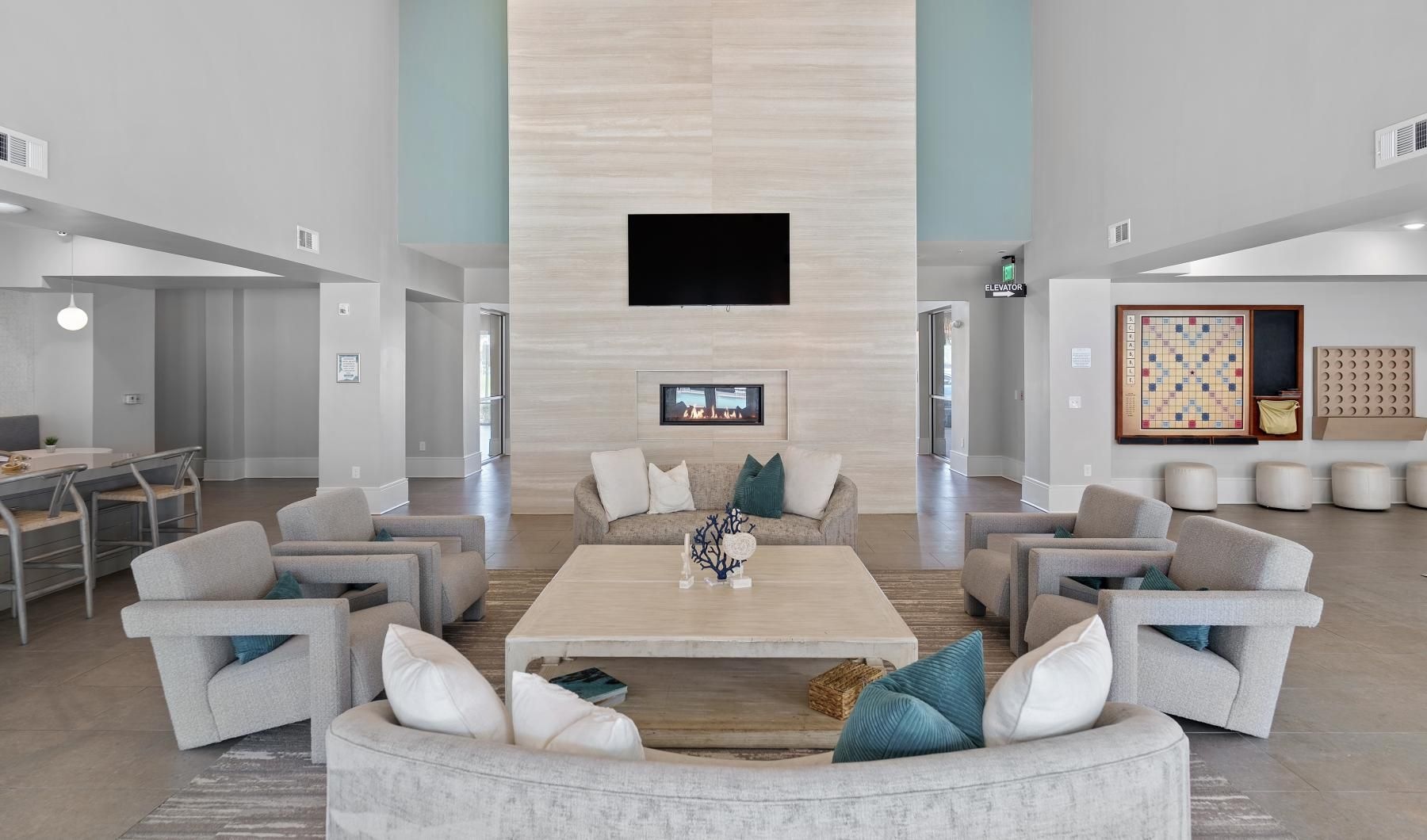 a living room with a large television
